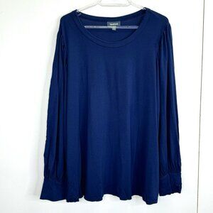 Modcloth Top Womens Plus Size 2X Long Balloon Sleeve Solid Blue Round Neck Shirt